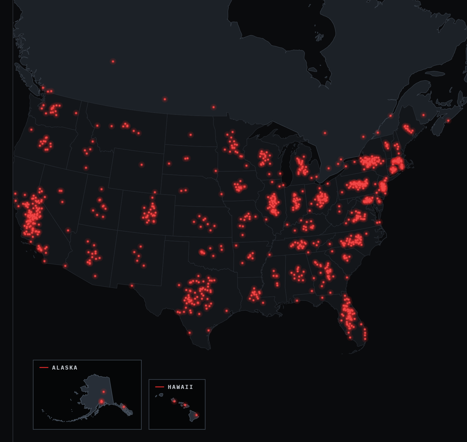 Map of the United States and Canada with thousands of red markers showing cities where Spot-On Automotive Diagnostics has completed remote programming jobs, including Alaska and Hawaii insets